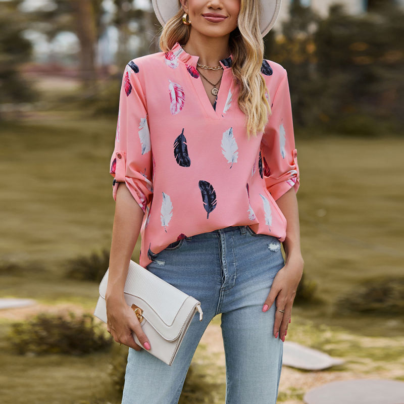 Pink 3/4 Sleeve Feather Print V Neck Blouse