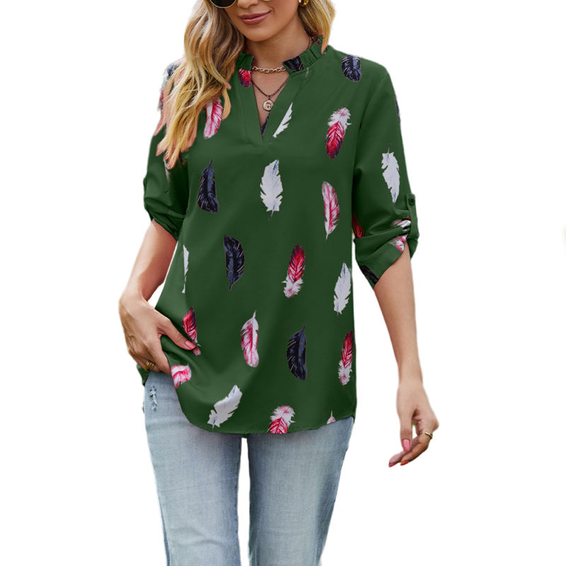 Blackish Green 3/4 Sleeve Feather Print V Neck Blouse