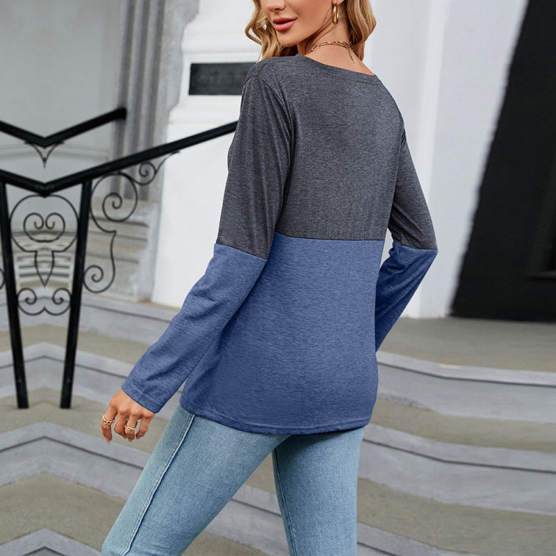 Navy Blue Color Block V Neck Long Sleeve Tops