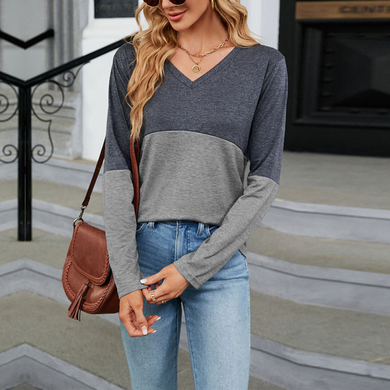 Grey Color Block V Neck Long Sleeve Tops