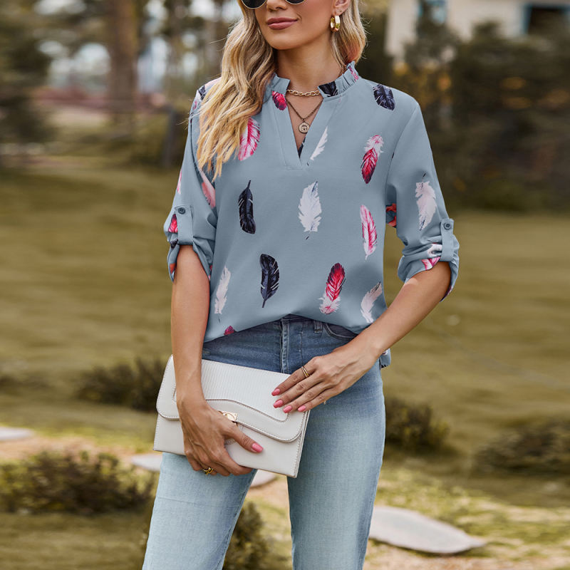 Bluish Grey 3/4 Sleeve Feather Print V Neck Blouse