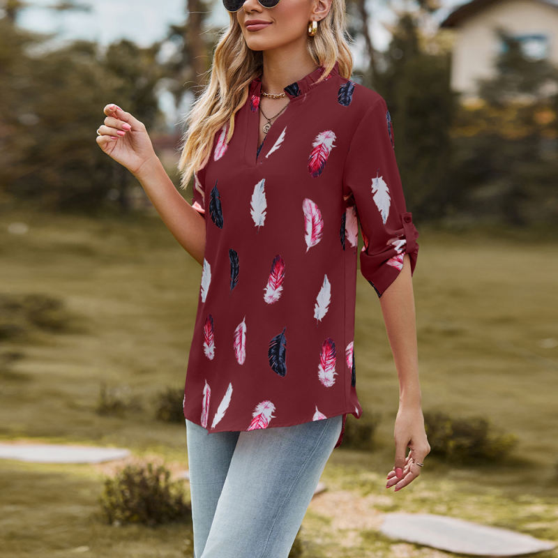 Wine Red 3/4 Sleeve Feather Print V Neck Blouse