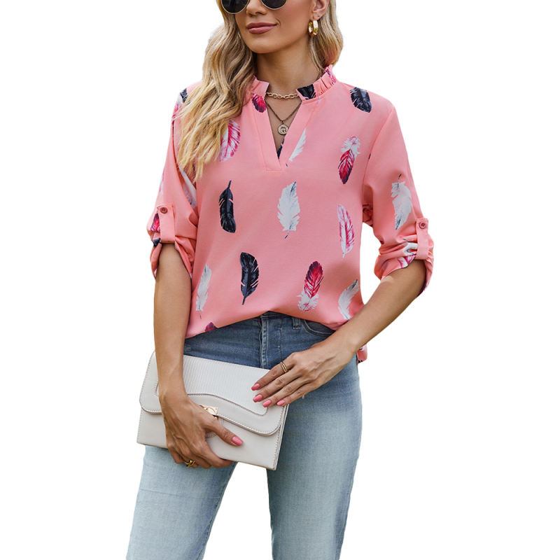 Pink 3/4 Sleeve Feather Print V Neck Blouse
