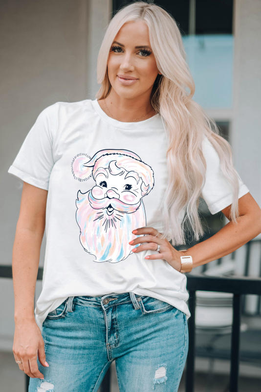 White Cute Santa Claus Graphic Casual Tee