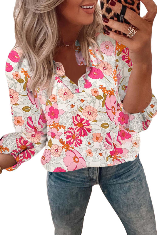 Bright White Floral Print Split V Neck Blouse