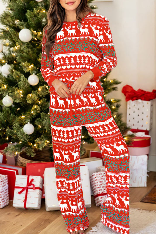 Red Christmas Print Pullover and Pants Lounge Set