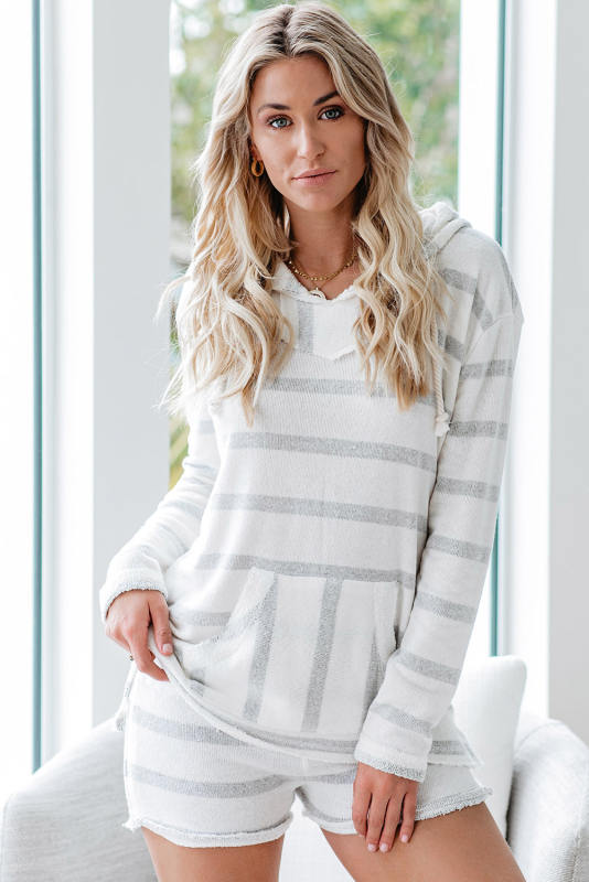 Bright White Striped Raw Edge Hoodie and Shorts Set