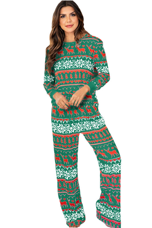 Bright Green Christmas Print Pullover and Pants Lounge Set