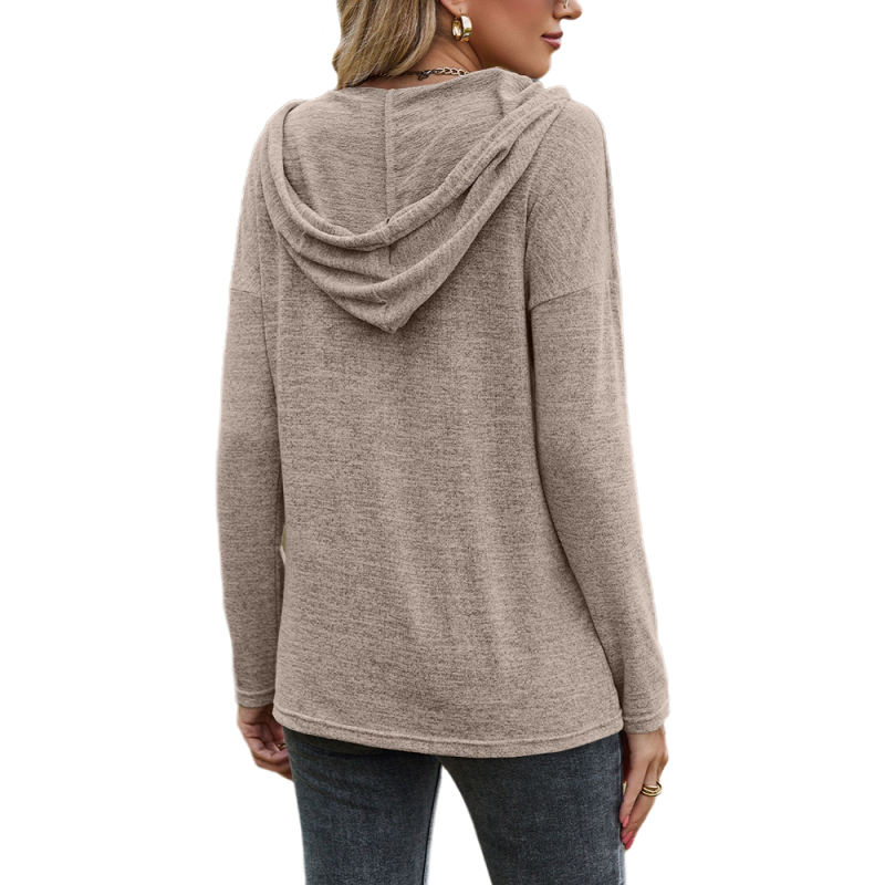 Khaki Cashmere V Neck Hooded Long Sleeve Tops