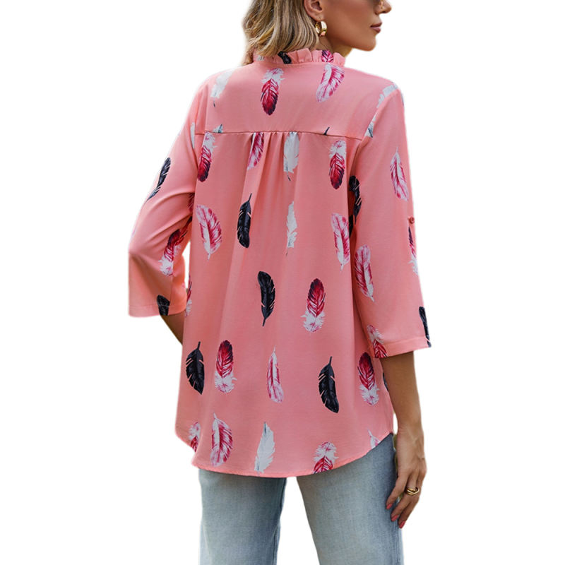 Pink 3/4 Sleeve Feather Print V Neck Blouse