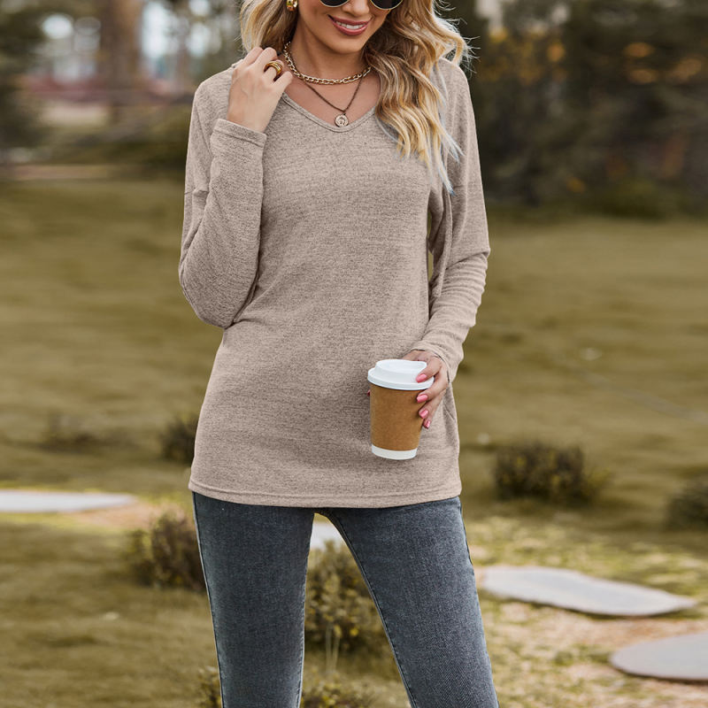 Khaki Cashmere V Neck Hooded Long Sleeve Tops