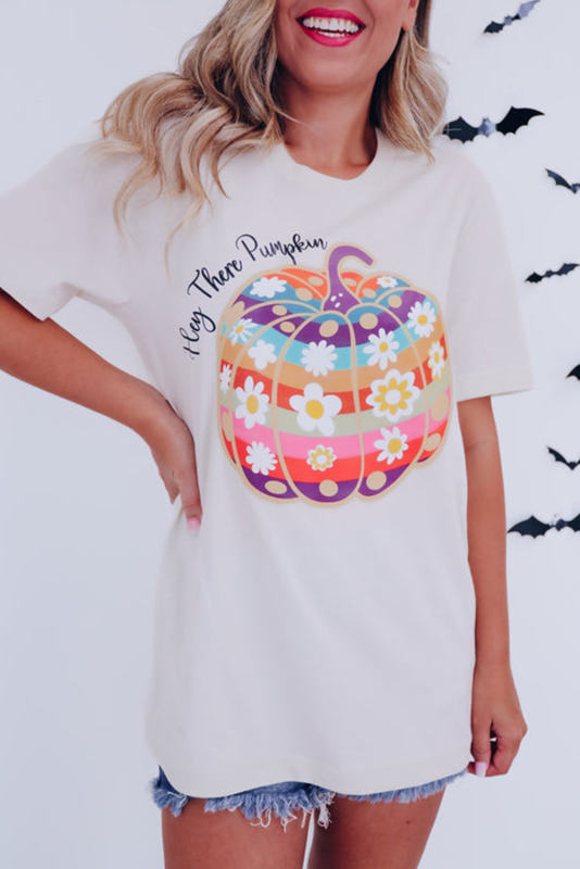 White Halloween Pumpkin Floral Print Crew Neck T Shirt