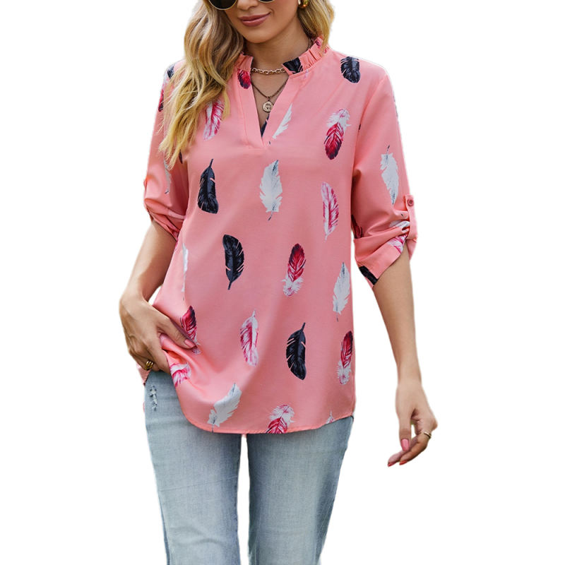 Pink 3/4 Sleeve Feather Print V Neck Blouse