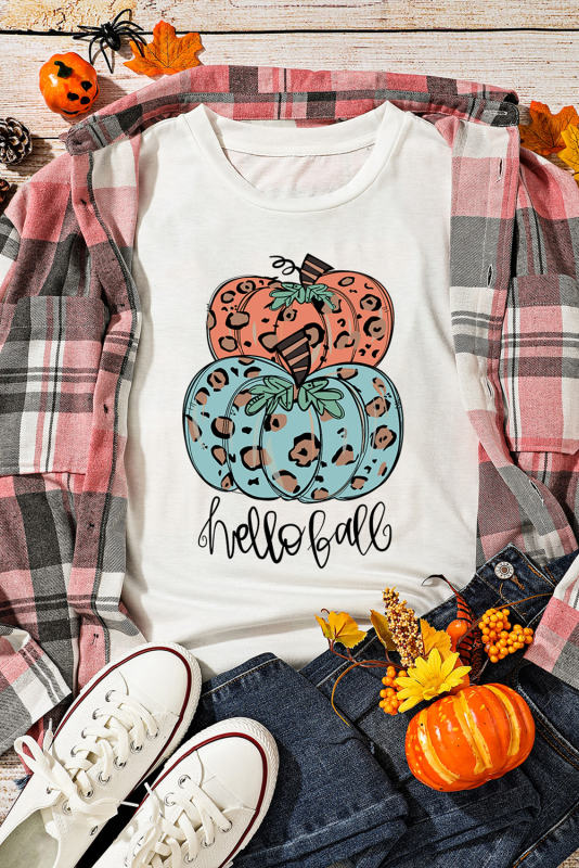 White Hello Fall Leopard Pumpkin Print Crew Neck T Shirt
