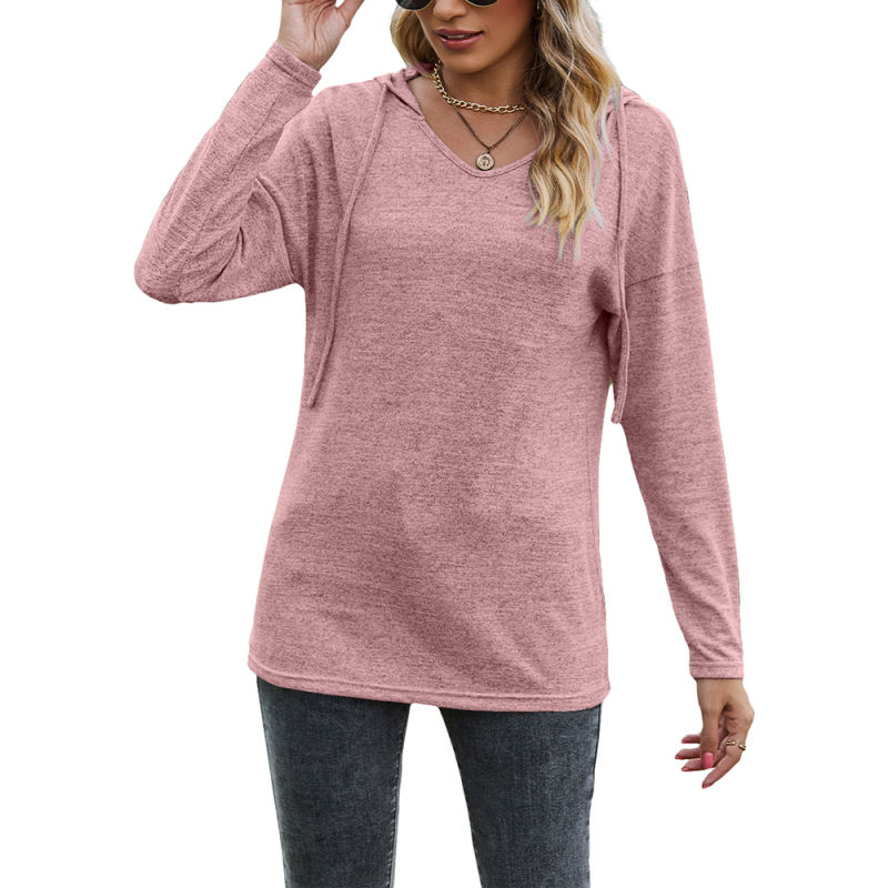 Pink Cashmere V Neck Hooded Long Sleeve Tops