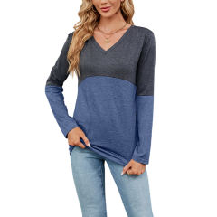 Navy Blue Color Block V Neck Long Sleeve Tops