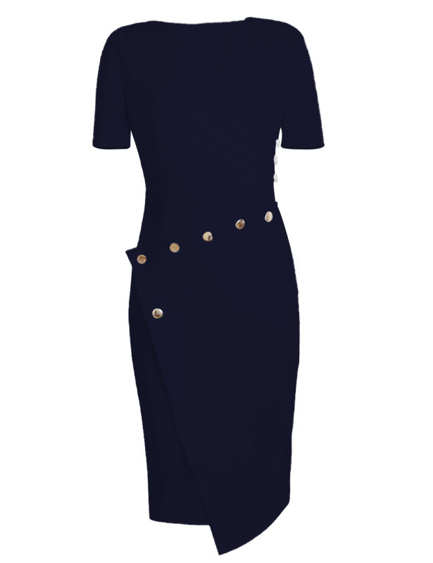 Asymmetric Button Detail Navy Blue Short Sleeve Midi Dress