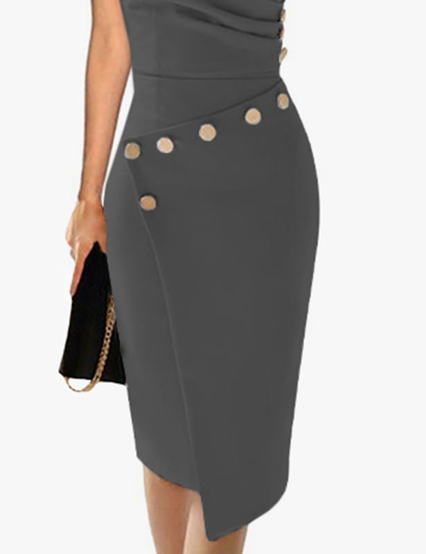 Asymmetric Button Detail Dark Grey Short Sleeve Midi Dress