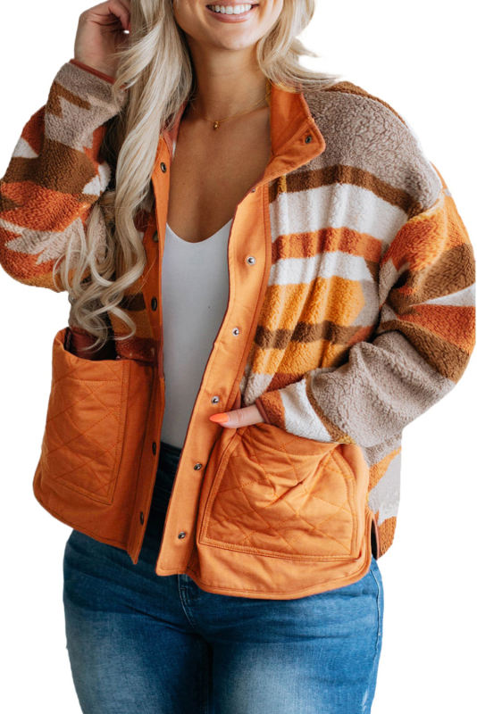 Chestnut Plus Size Quilted Patch Pockets Aztec Furry Jacket