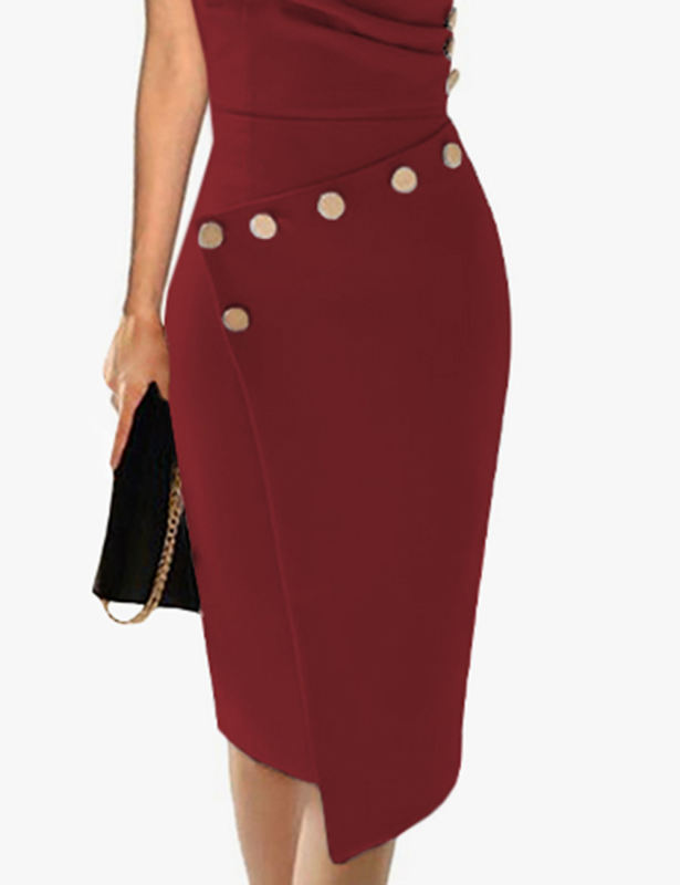 Asymmetric Button Detail Wine Red Short Sleeve Midi Dress