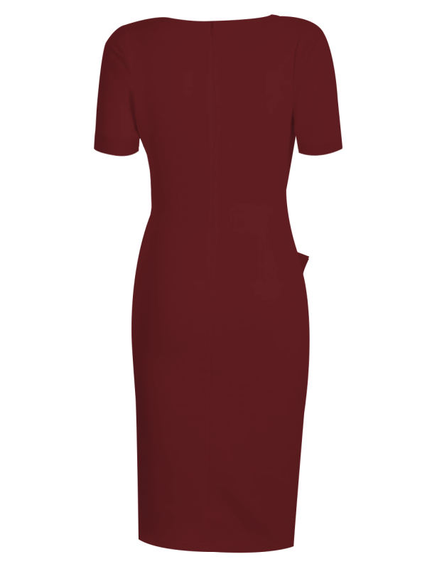 Asymmetric Button Detail Wine Red Short Sleeve Midi Dress