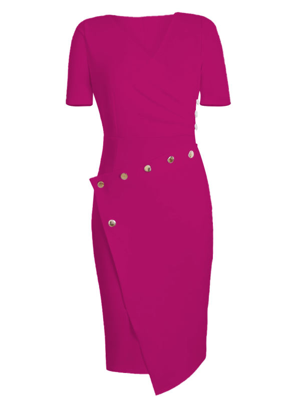 Asymmetric Button Detail Rose Short Sleeve Midi Dress