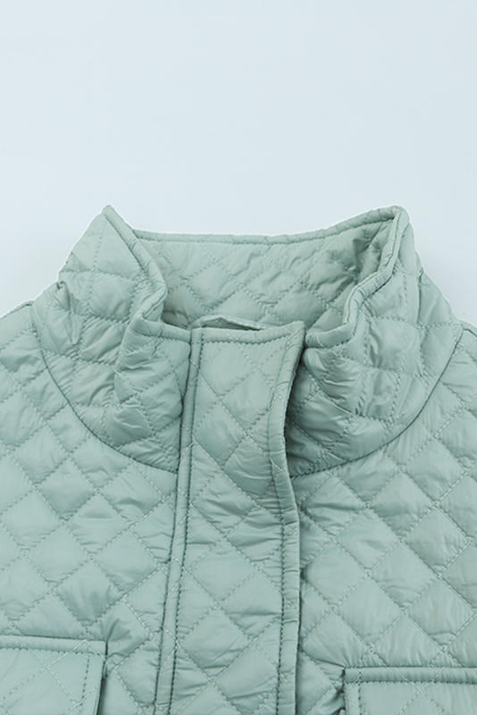 Green Quilted Pocketed Zip-up Cropped Jacket