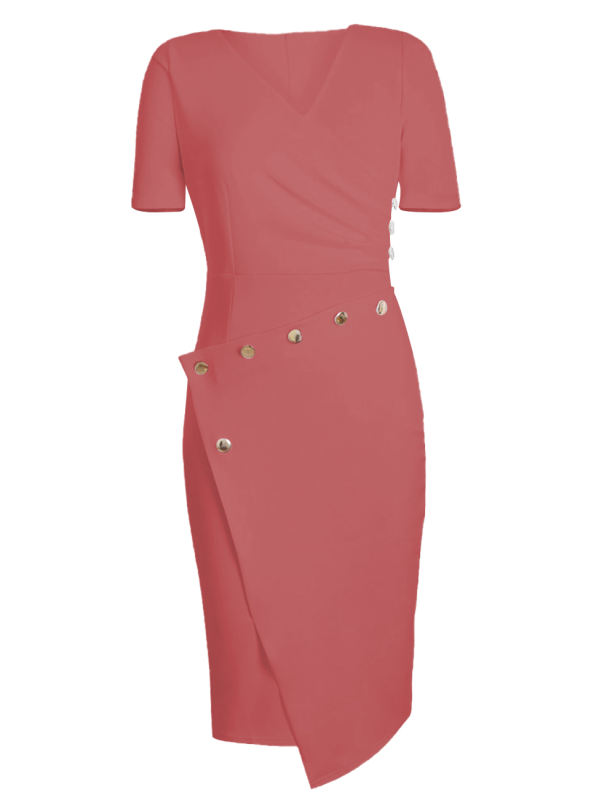 Asymmetric Button Detail Pink Short Sleeve Midi Dress