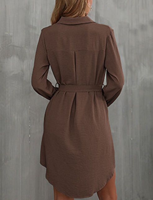 Coffee Button Down Tie Waist Pocket Shirt Dress