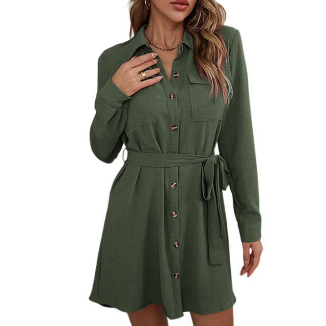 Green  Button Down Tie Waist Pocket Shirt Dress
