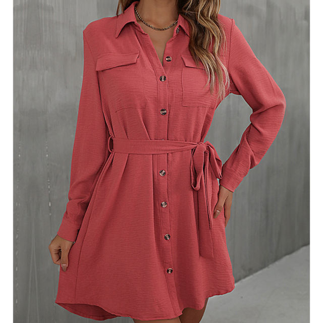 Red Button Down Tie Waist Pocket Shirt Dress