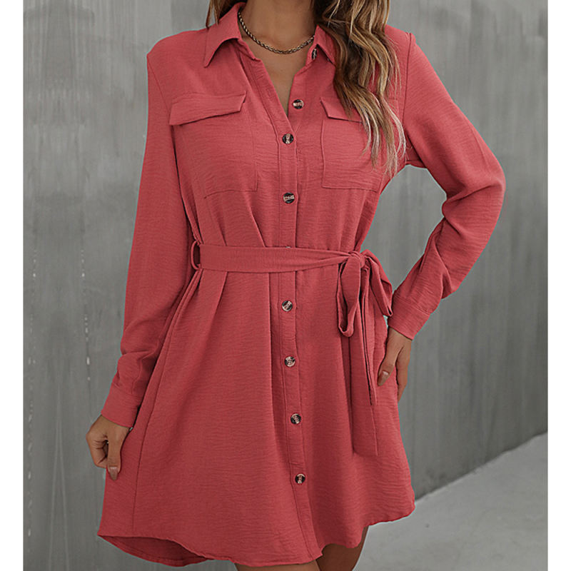 Red Button Down Tie Waist Pocket Shirt Dress