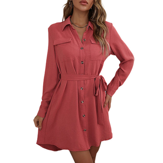 Red Button Down Tie Waist Pocket Shirt Dress