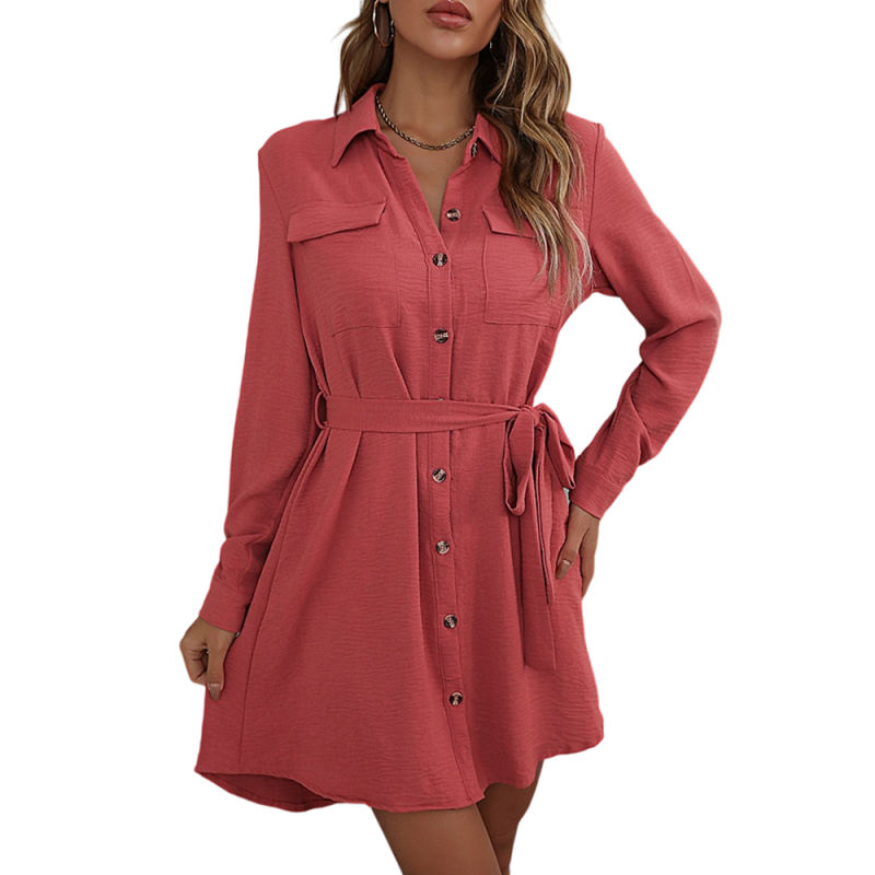 Red Button Down Tie Waist Pocket Shirt Dress