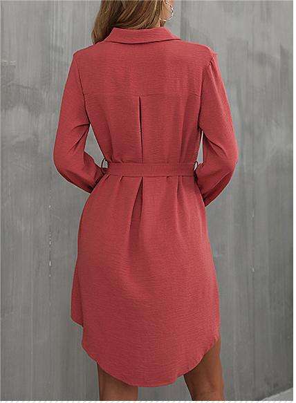 Red Button Down Tie Waist Pocket Shirt Dress
