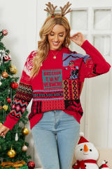 Red Christmas Snowflake Geometric Print O-neck Sweater