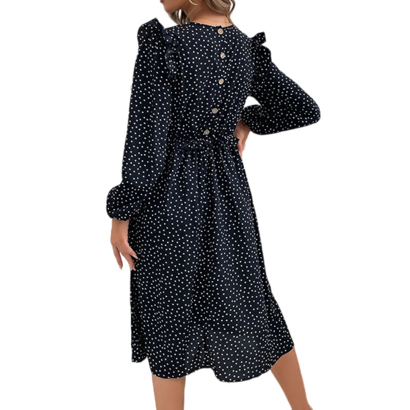 Black Polkd Dot Ruffle Hem Long Sleeve Dress