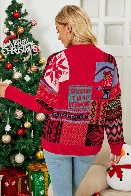 Red Christmas Snowflake Geometric Print O-neck Sweater