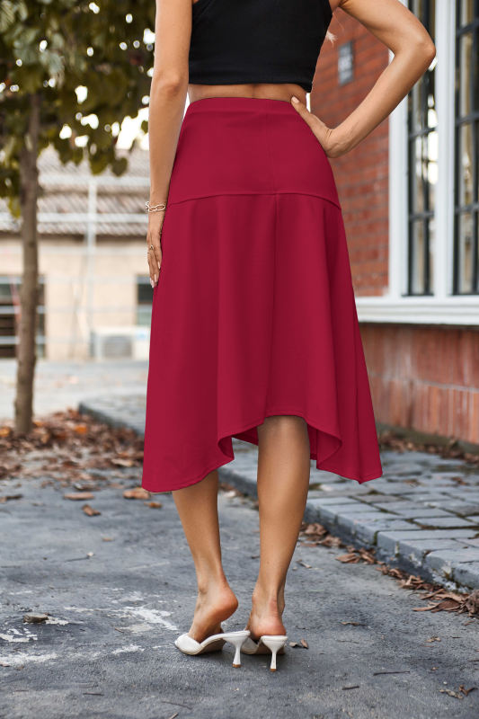 Red Solid Color Ruched Detail Asymmetric Skirt