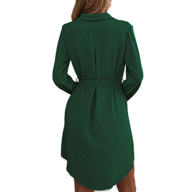 Dark Green Button Down Tie Waist Pocket Shirt Dress