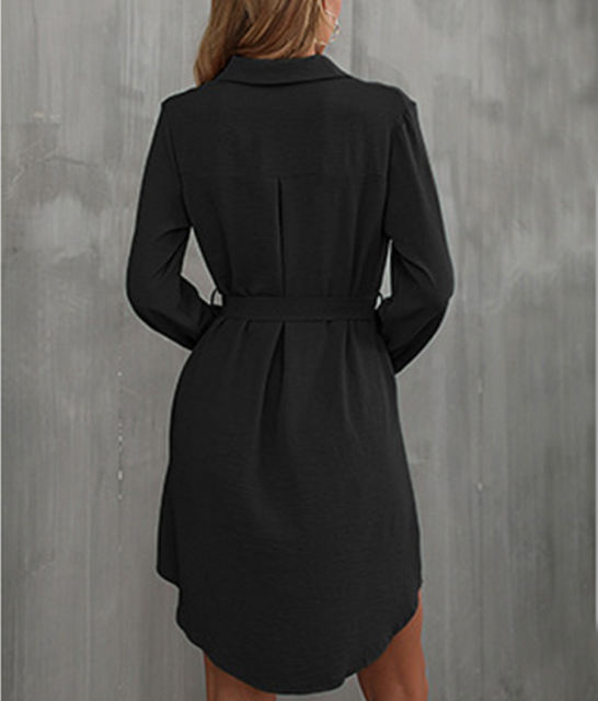 Black Button Down Tie Waist Pocket Shirt Dress