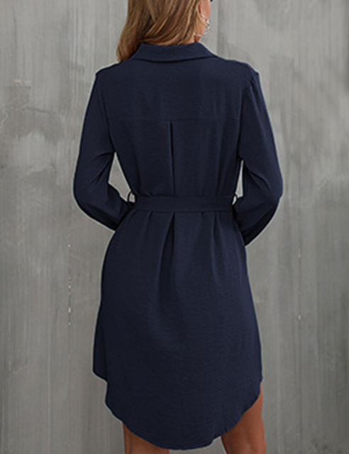 Navy Blue Button Down Tie Waist Pocket Shirt Dress