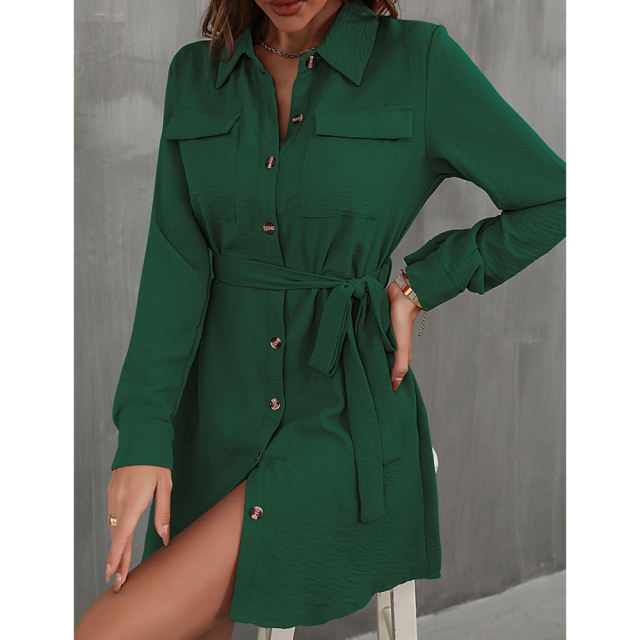 Dark Green Button Down Tie Waist Pocket Shirt Dress
