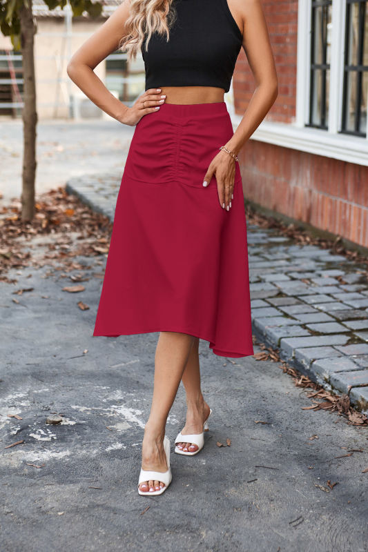 Red Solid Color Ruched Detail Asymmetric Skirt