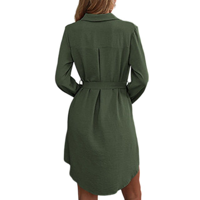 Green  Button Down Tie Waist Pocket Shirt Dress