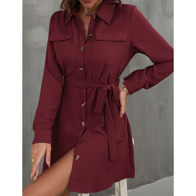 Wine Red Button Down Tie Waist Pocket Shirt Dress