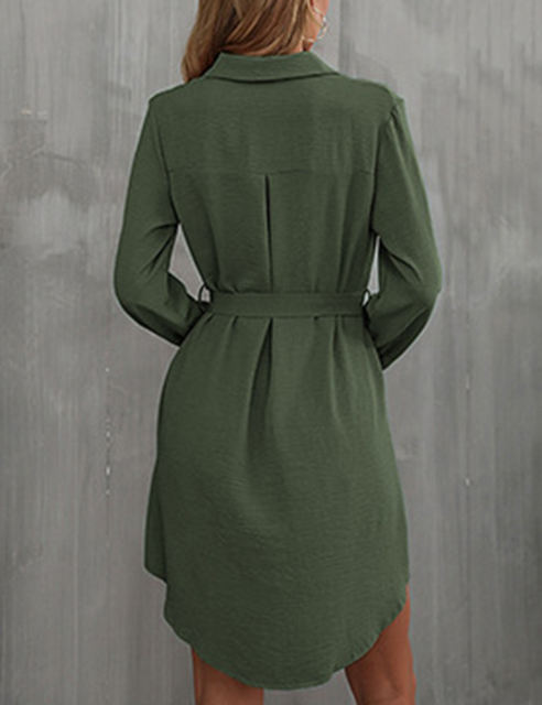 Green  Button Down Tie Waist Pocket Shirt Dress