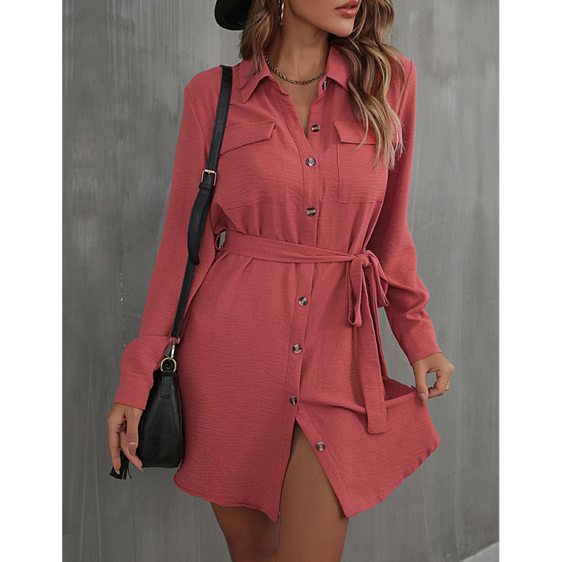 Red Button Down Tie Waist Pocket Shirt Dress