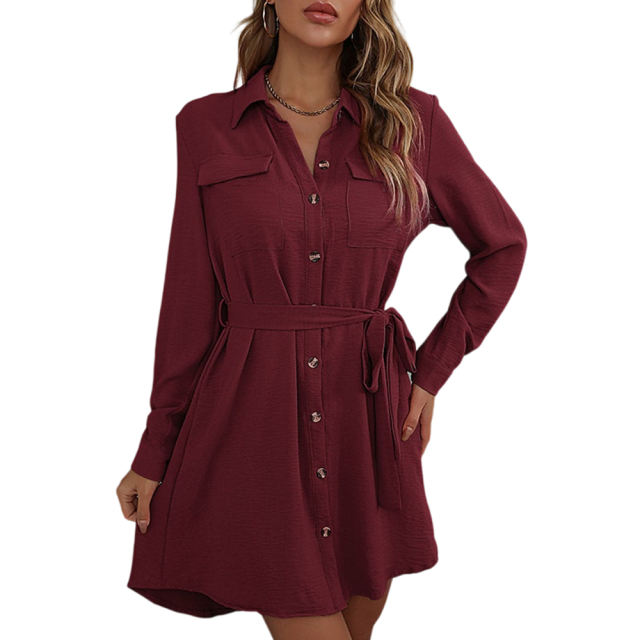 Wine Red Button Down Tie Waist Pocket Shirt Dress