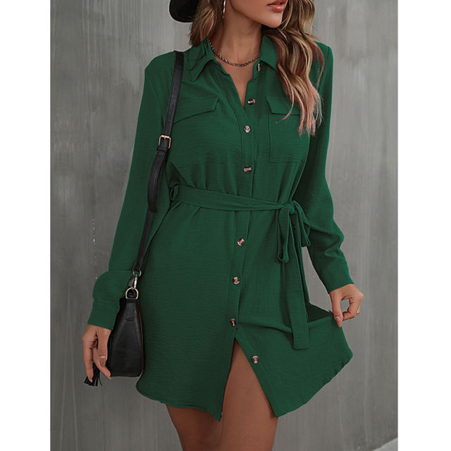 Dark Green Button Down Tie Waist Pocket Shirt Dress